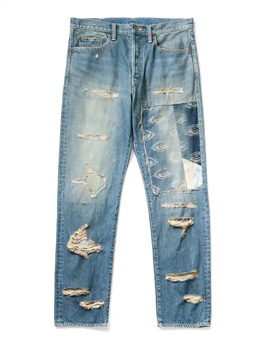 Kapital Japan Style Jacquard Embroidered Eye Hole Patch Straight Leg Denim Jeans for Men New Arrival