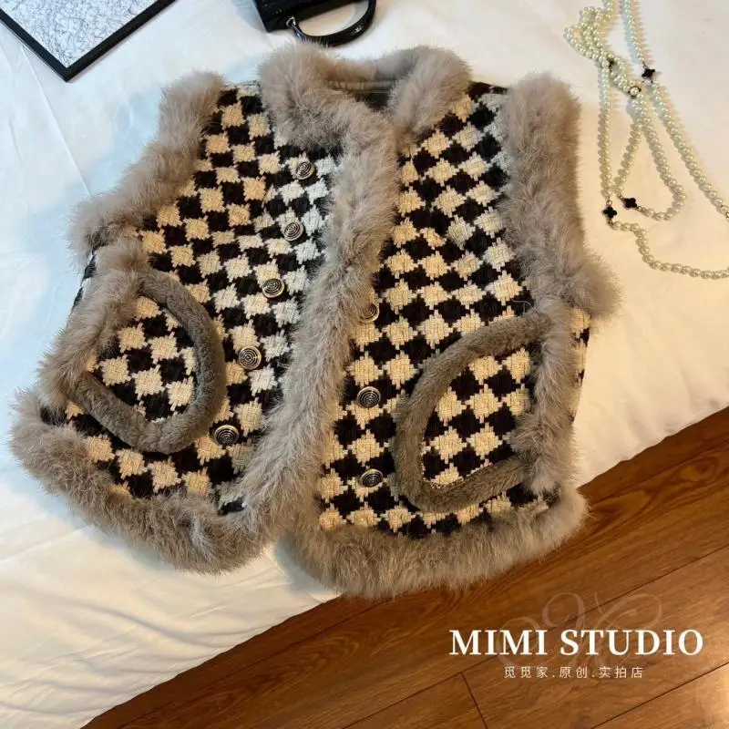 Fashionable Cute Vests Female Houndstooth 2024 Autumn Winter New Fashion Patchwork O-neck Sleeveless Coat Women Clothes Top Tee