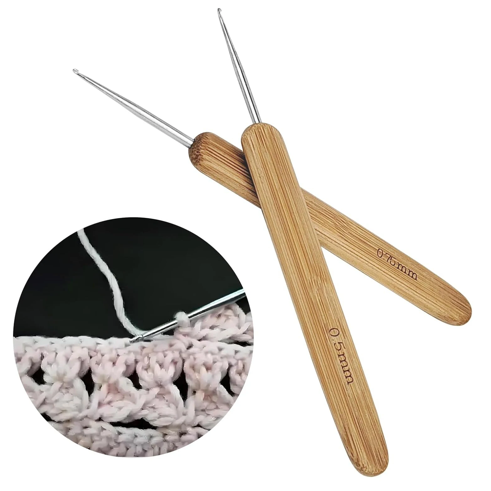 2pcs/Set Bamboo Handle Steel Crochet Hooks 0.5mm+0.75mm Dreadlock Crochet Hair Braid Craft Tool for Dreads