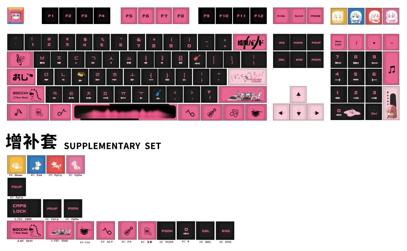 BOCCHI THE ROCK Keycaps CHREEY PBT 128 Set Keys Black Pink Bobo for MX Swich Mechanical Keyboards ANSI 61/87/98/104/108 Keys