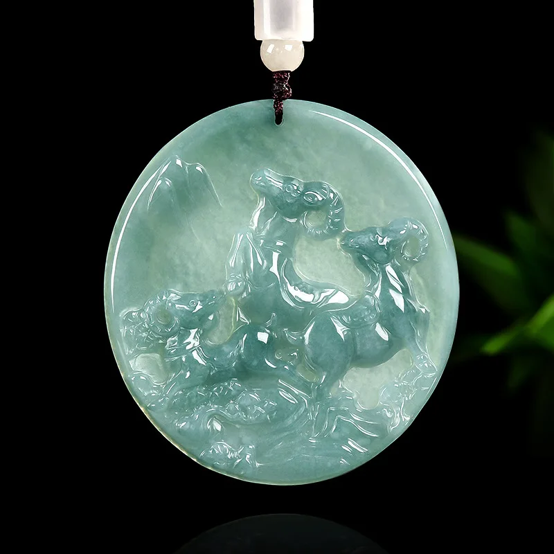 

Myanmar Emerald Real Natural Blue Water Jade Three Rams Bring Bliss Pendant Necklace Carved Jewelry Amulet Gifts Certificate