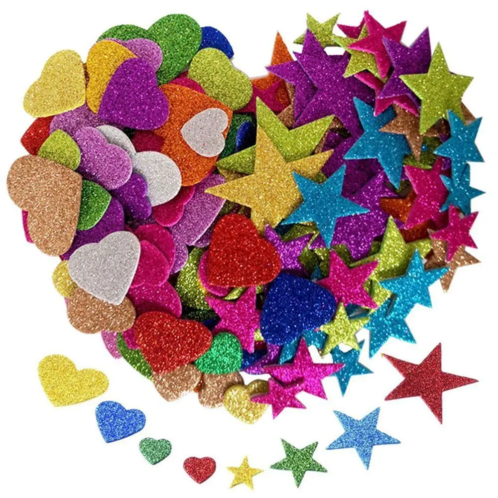 50Pcs Colorful Paperboard Stickers Heart Shaped Star Shaped Foam Glitter Mixed Size Color Party Wedding Decoration DIY Crafts