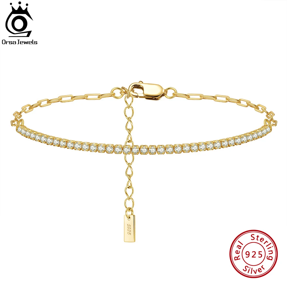ORSA JEWELS 14K pozłacane spinacze łańcuszki bransoletka tenisowa dla kobiet 925 srebro ręcznie robione bransoletki biżuteria SB141