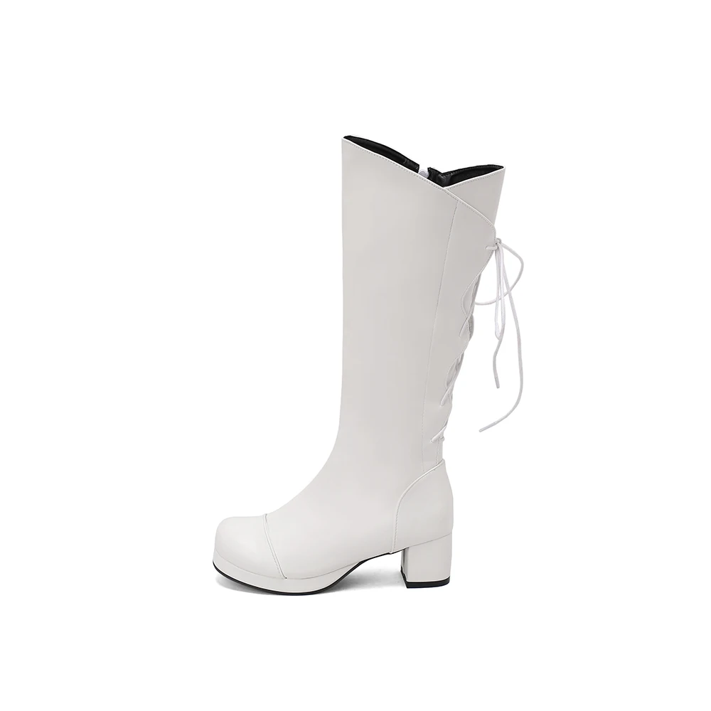  New Winter Comfortable Purple White Women Mid Calf Boots Square Toe Med Heels Lady Shoes Plus Small Big Size 11 30 43 45 50