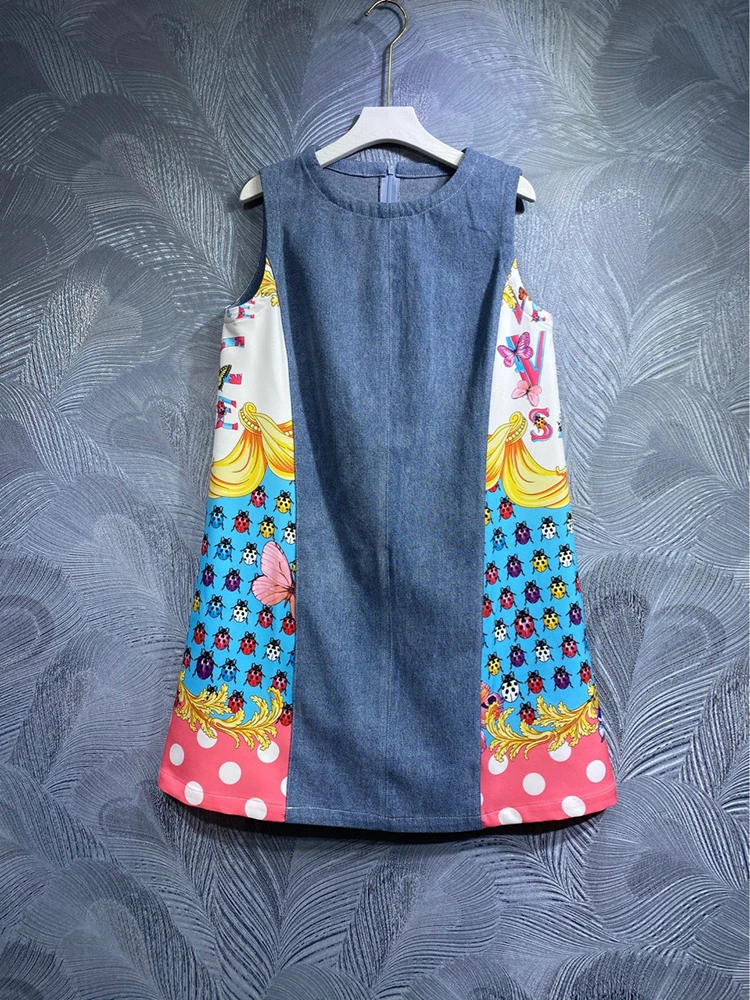 

Street Fashion Lady Tank Dress Jeans Patchwork Elegant Printing Mini Vestidos Women Party Holiday Sweets