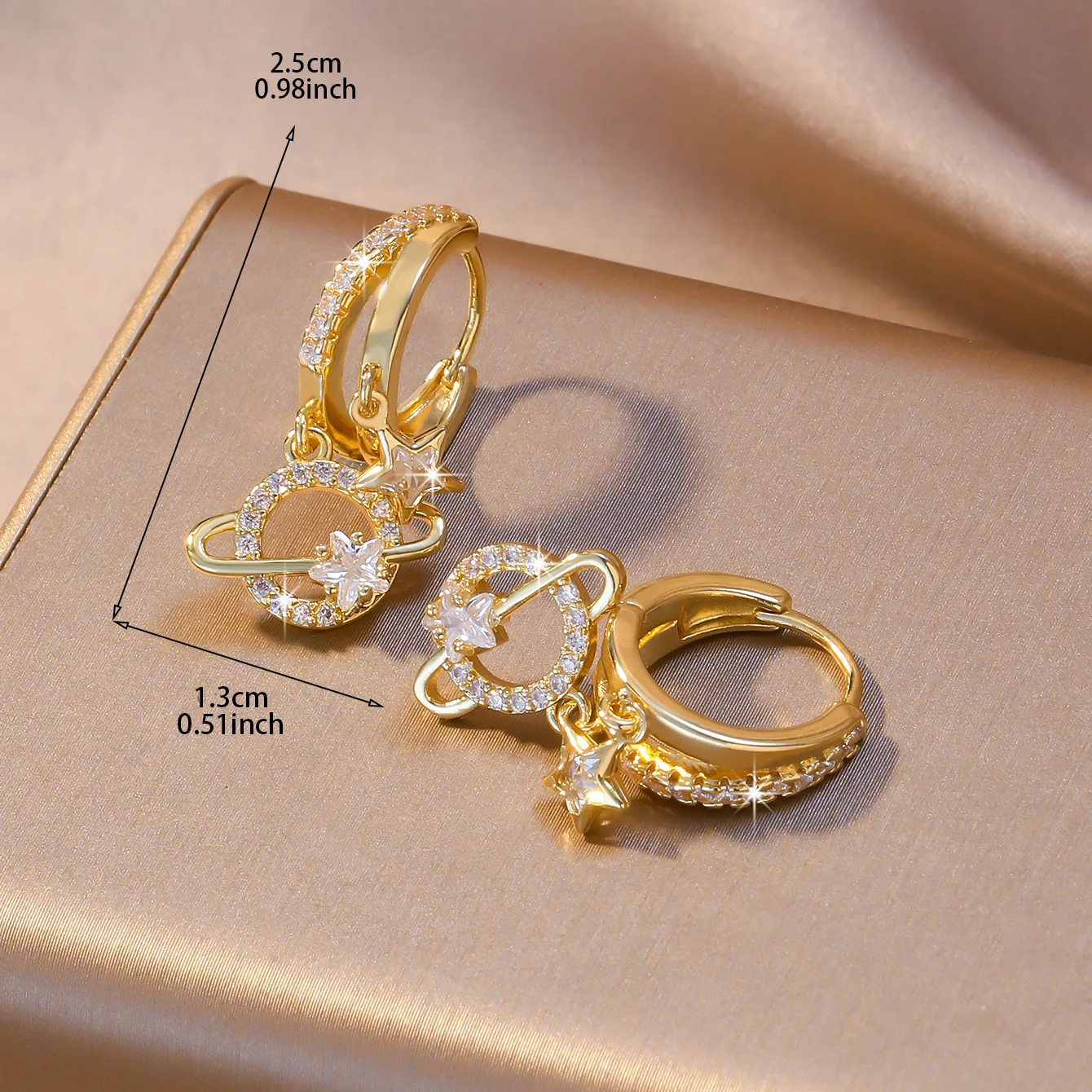 1 pair of ladies' gold-plated Saturn and star double pendant earrings, rings, planetary crystal zirconia pendants, astronomical