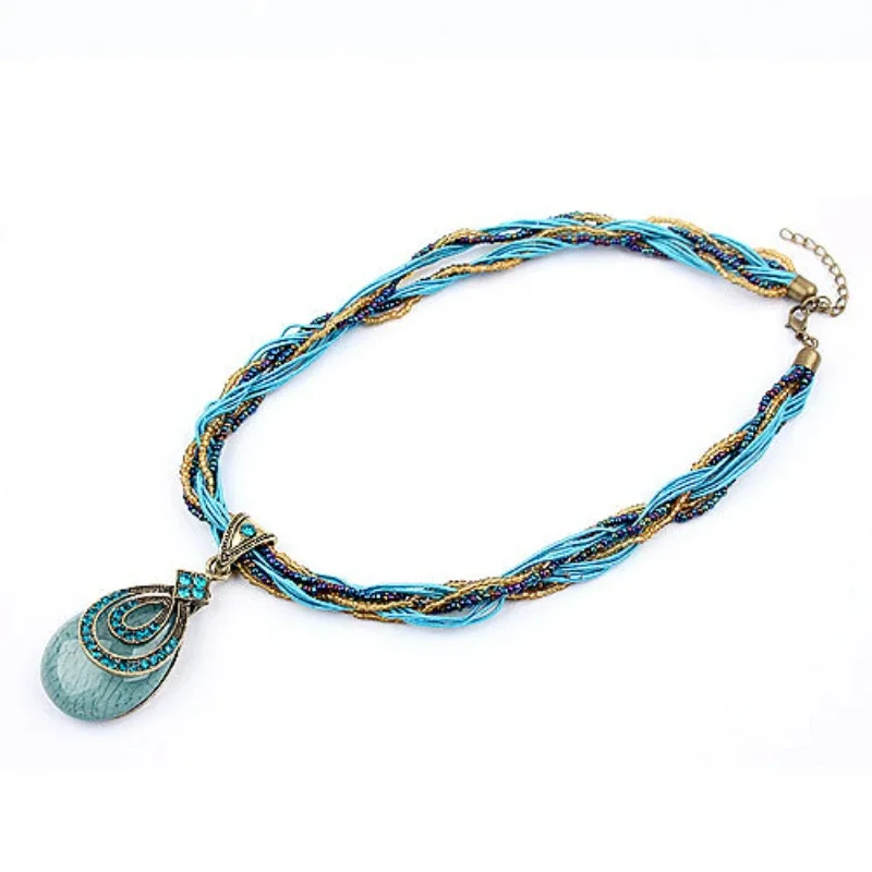 POPACC Bohemian Ethnic Style Jewelry Vintage Gemstones Water Droplets Necklace for Women Korean Sweater Chain Party Decoration