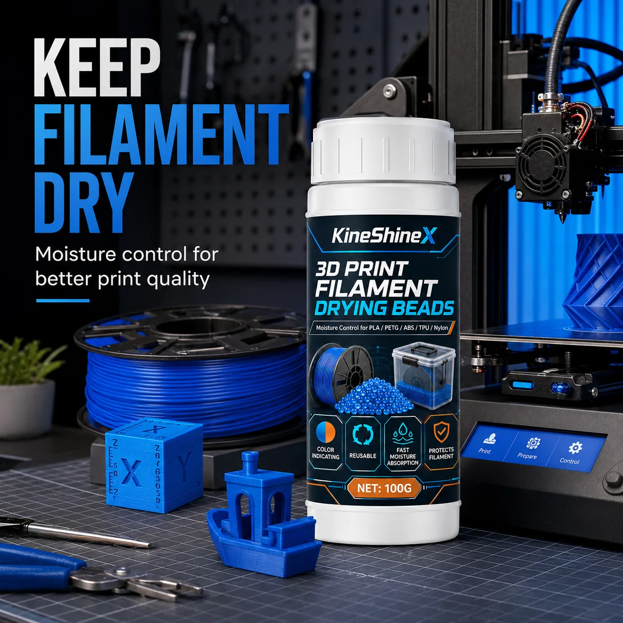 3D Print Filament Drying Beads 100g – Color Indicating, Reusable Moisture Absorber for PLA/PETG/ABS/TPU/Nylon, Protects Filament