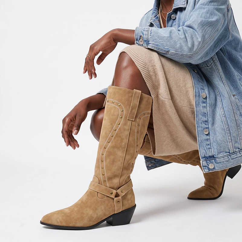 Wide-Calf Western Knee-High Boots - Front View 2