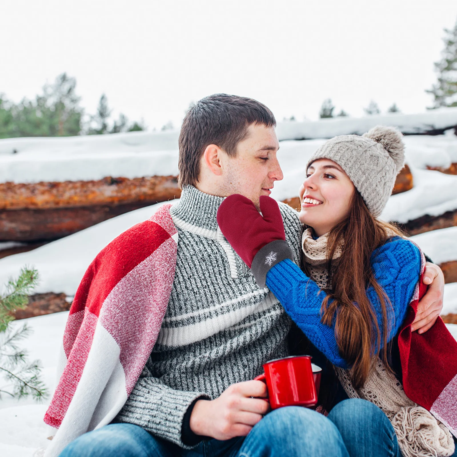 3 Buah Sarung Tangan Pasangan Bulu Polar Tebal Hangat Musim Dingin untuk Pasangan, Hadiah Natal Romantis, Sarung Tangan Pasangan Merah