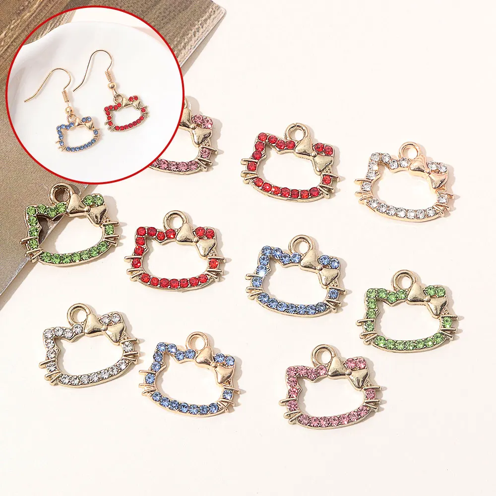 20pcs Kawaii Rhinestones Inlaid Bowknot Cat Avatar Frame Charms DIY Girls Cute Bracelet Necklace Earrings Alloy Hollow Pendants