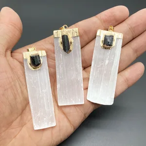 Natural Selenit Halskette, weiße Gips, Schwarze Tour Tour, Kristallquarz, Reiki Gagestone für die Reinigung, DIY -Schmuck, 1PC 12 Hauptverkaufsanhänger Selenit - №6