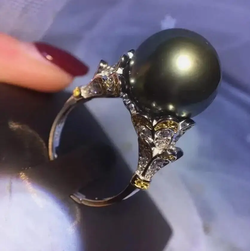 new AAAA 10-11mm Round natural south sea black pearl ring 925S can adjust