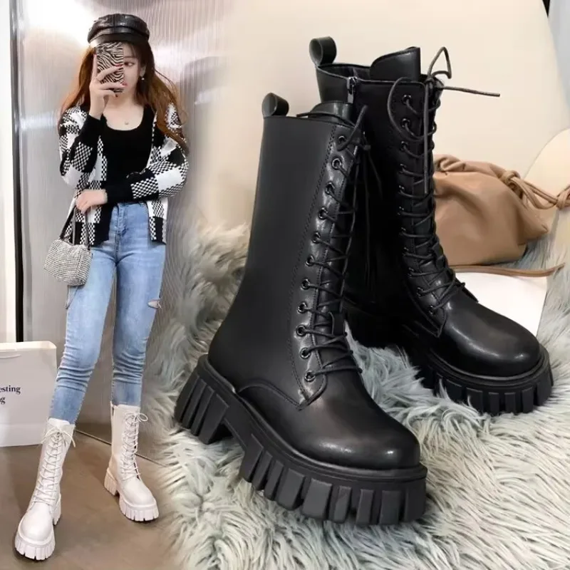 

Winter Boots Female 2024 New British Womens Shoes Thick Bottom Mid-calf Single Boots Thick Heeled Casual Ankle Boots for Women