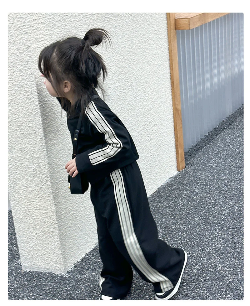 Herbst-Sportsets für Mädchen, gestreifte Mäntel + Hosen, 2-teilig, neue lässige, lockere Outfits, modische Kinderkleidung, Anzüge für 2–8 Jahre – Detail 5