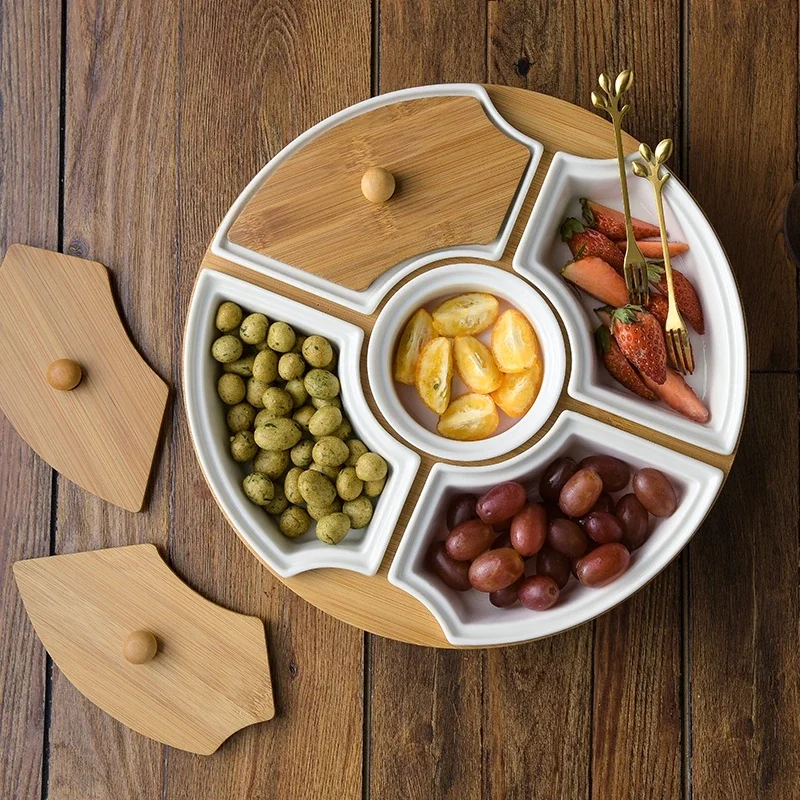 

Ceramic grid fruit tray with lid rotatable tray fruit dried fruit Nordic plate dustproof and moisture-proof