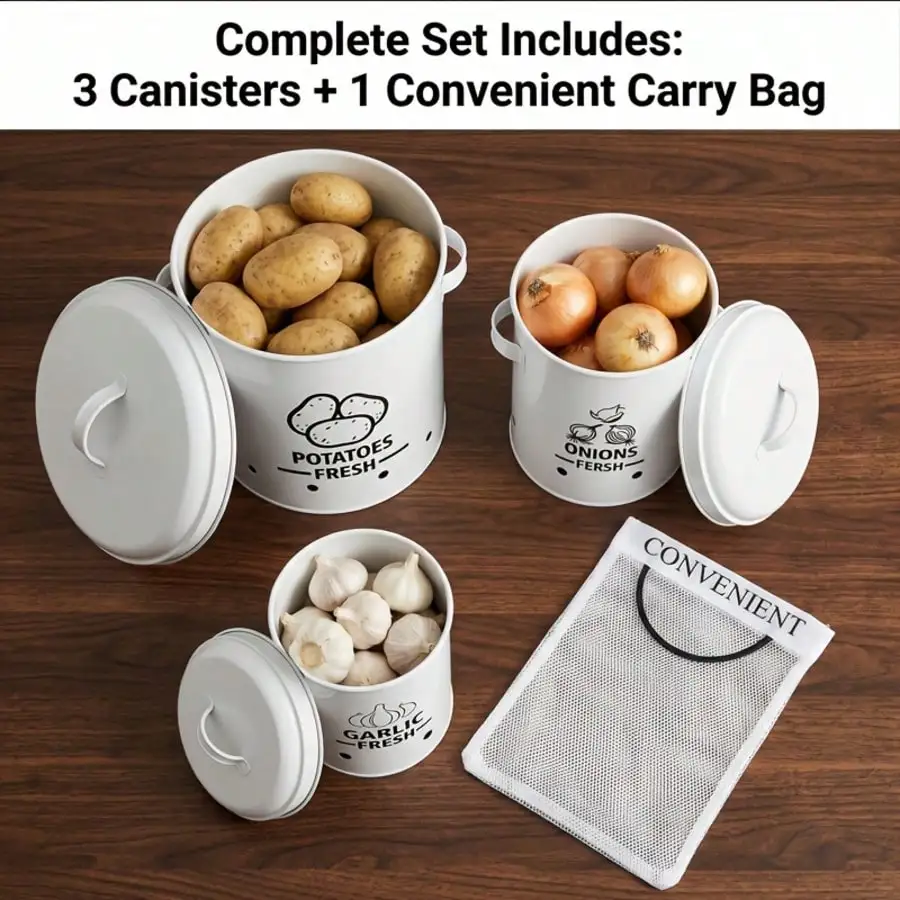 Potato Onion Garlic Storage Bin Set Farmhouse Rustic Black Metal 3-Piece Vegetable Storage Containers With Lids Aeration Holes Prevents Sprouting For Kitchen Counter Pantry Organizer Housewarming Gift Christmas Decor view 6