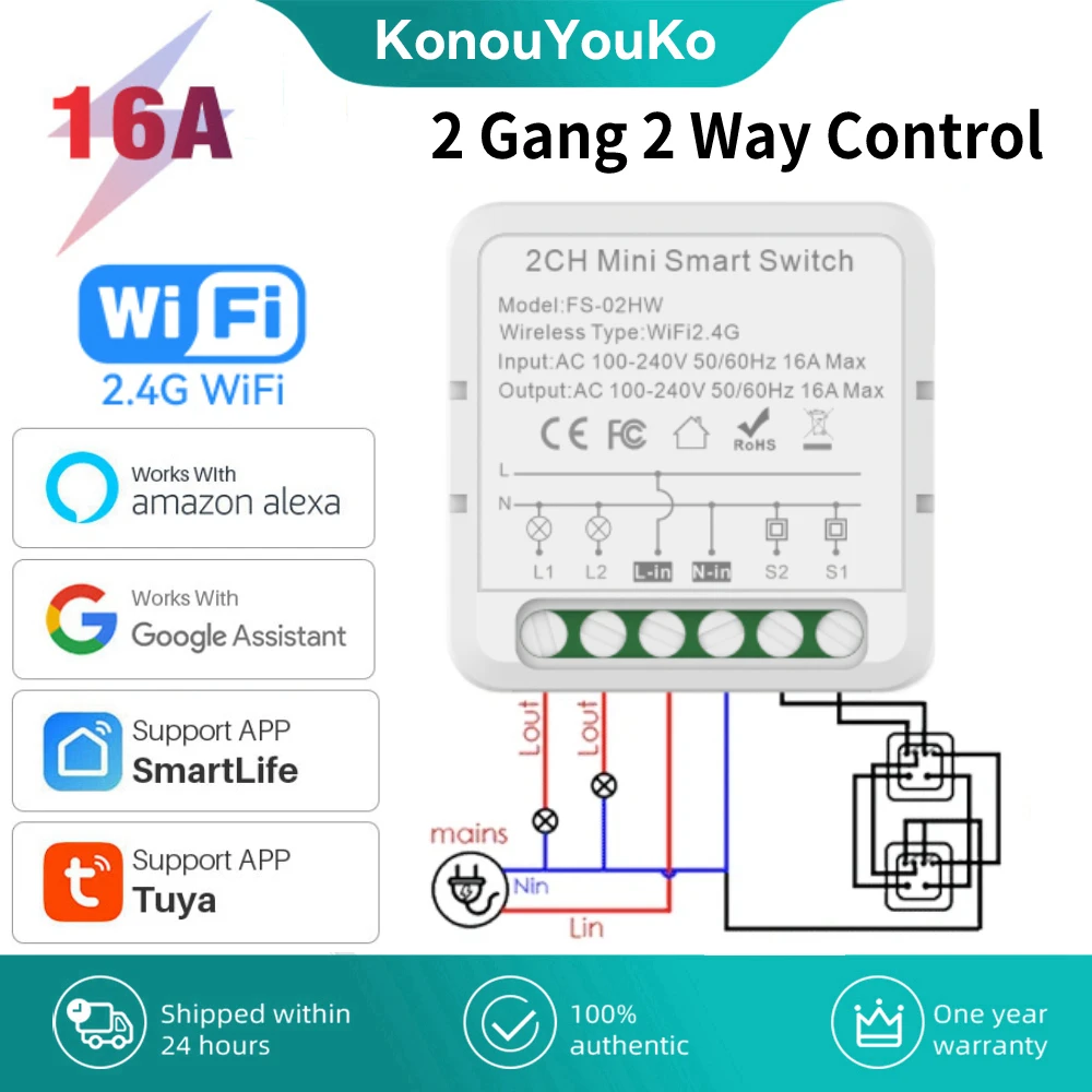 2 Gang Tuya WiFi Smart Switch Module 16A DIY Automation Breaker 2 Way Control Works with Alexa Google Home Alice Smart Life APP