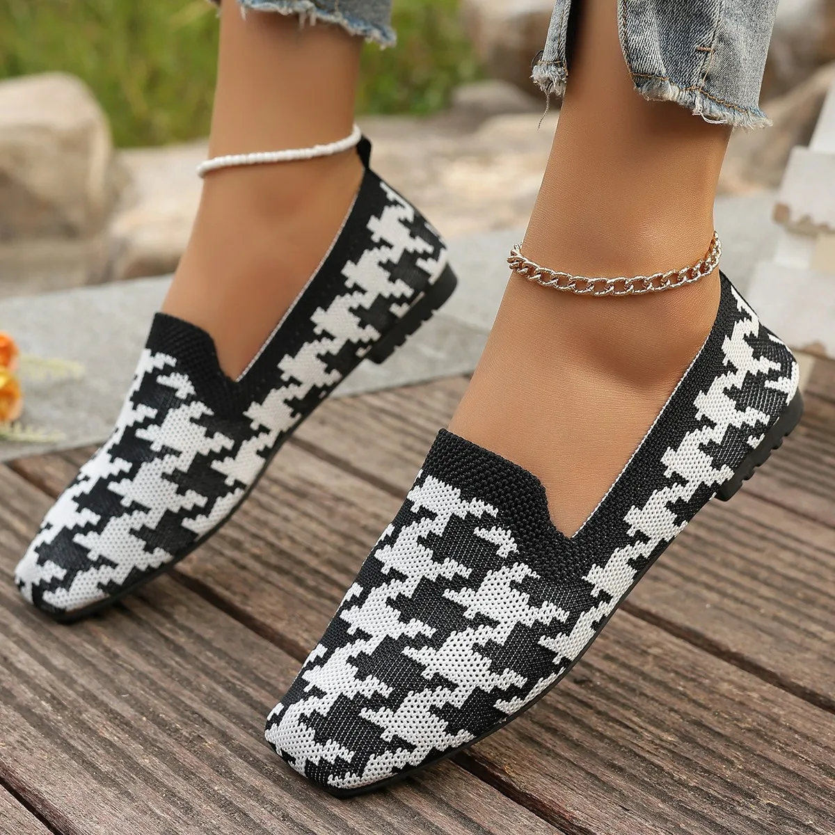 Fashionable Women's Ballet Shoes 2024 Spring Summer Thousand Bird Lattice Knitted Women's Shoes Leisure Flat Women's Shoes