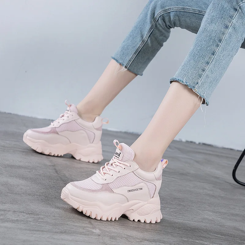 Fujin 8cm Genuine Leather Women Shoes Platform Wedge Air Mesh Breathable Women Casual Shoes Fashion Sneakers Chunky Shoes