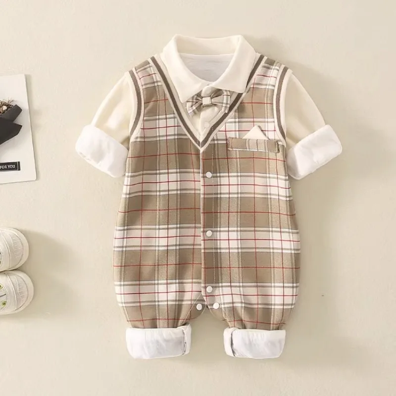 1-18 Month Baby Boy Autumn Jumpsuit Coffee Color Plaid Stand Collar Romper Baby Boy Clothes Boutique Newborn Baby Costume