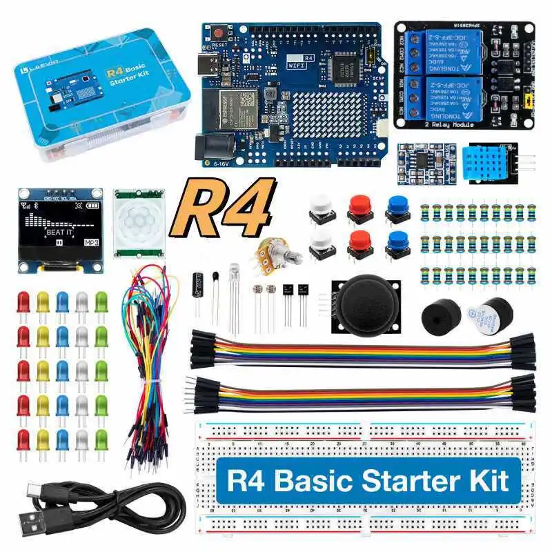 Kit de développement UNO R4 compatible Wi-Fi, comprenant des capteurs et des composants électroniques pour l’apprentissage de la programmation et les projets de bricolage.