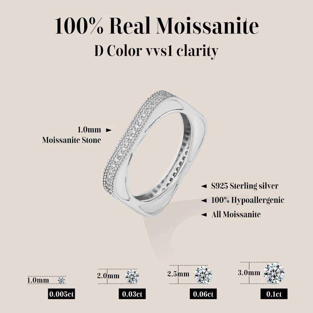 ATTAGEMS 2025 New Full Moissanite Ring DVVS1 Square Circle Cut 1.0mm S925 Sterling Silver Wedding Band for Women Men Daily Gifts