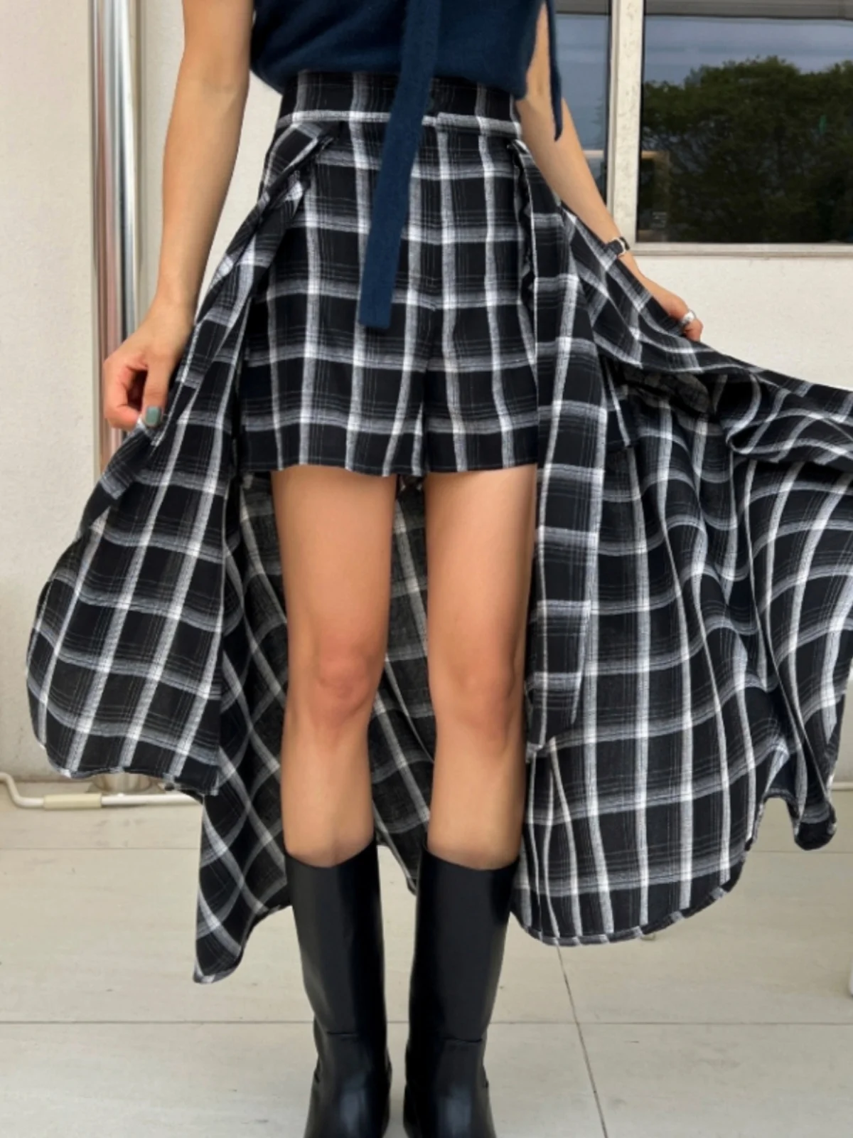 

Винтажная клетчатая юбка, женская высокая талия, асимметричная завязанная передняя юбка с разрезом, современный сексуальный хлопок средней длины для поездок на работу