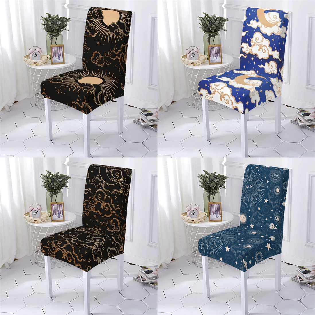 

Starry Sky Style Kitchen Chair Cover Spandex Elastic Chair Slipcover Star Moon Pattern Christmas Chairs Covers Home Stuhlbezug