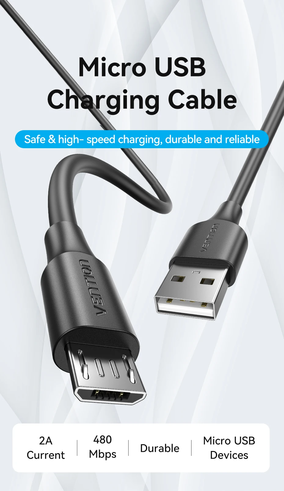 Vention Micro-USB-Kabel, 3 A, schnelles Laden, USB-Datenkabel, Handy-Ladekabel für Samsung, HTC, LG, Android, Tablet, USB-Kabel – Detail 1
