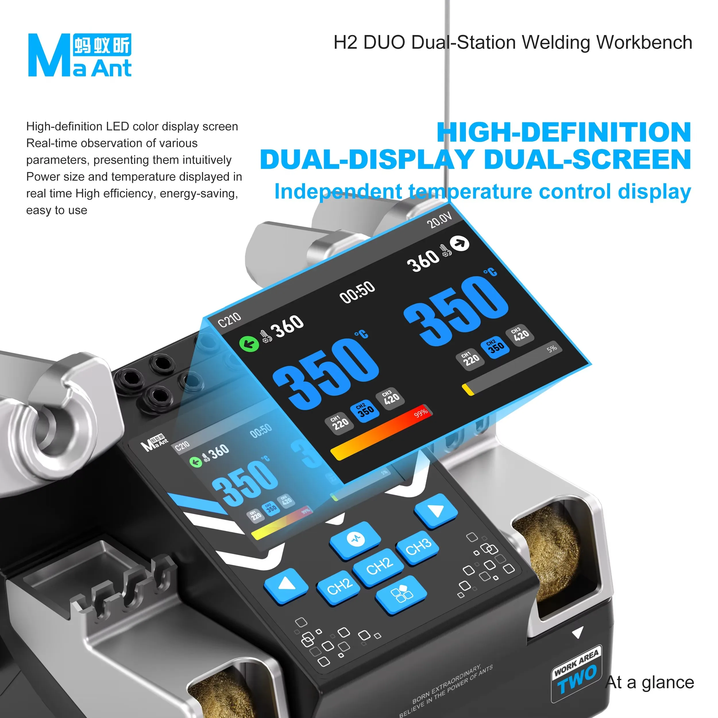 MaAnt H2 DUO Dual Soldering Station Dual Screen Display 200W High Power Rapid Heating 210 115 Handle for Phone Repair Tools