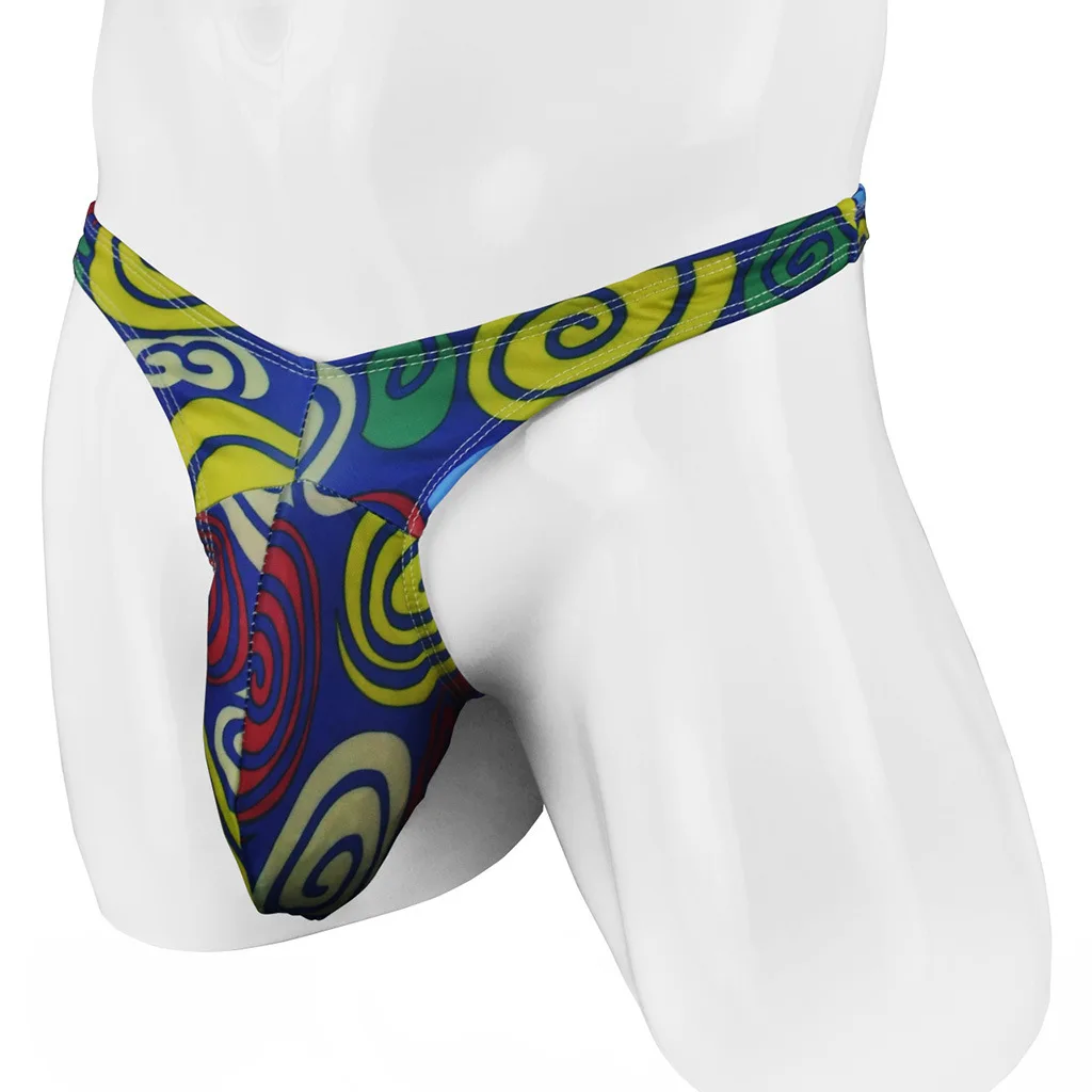 Men's Colorful Swirl Print Swimwear T-Back Thong, Sexy High-Stretch Pouch G-String, Quick-Dry Spandex Underwear