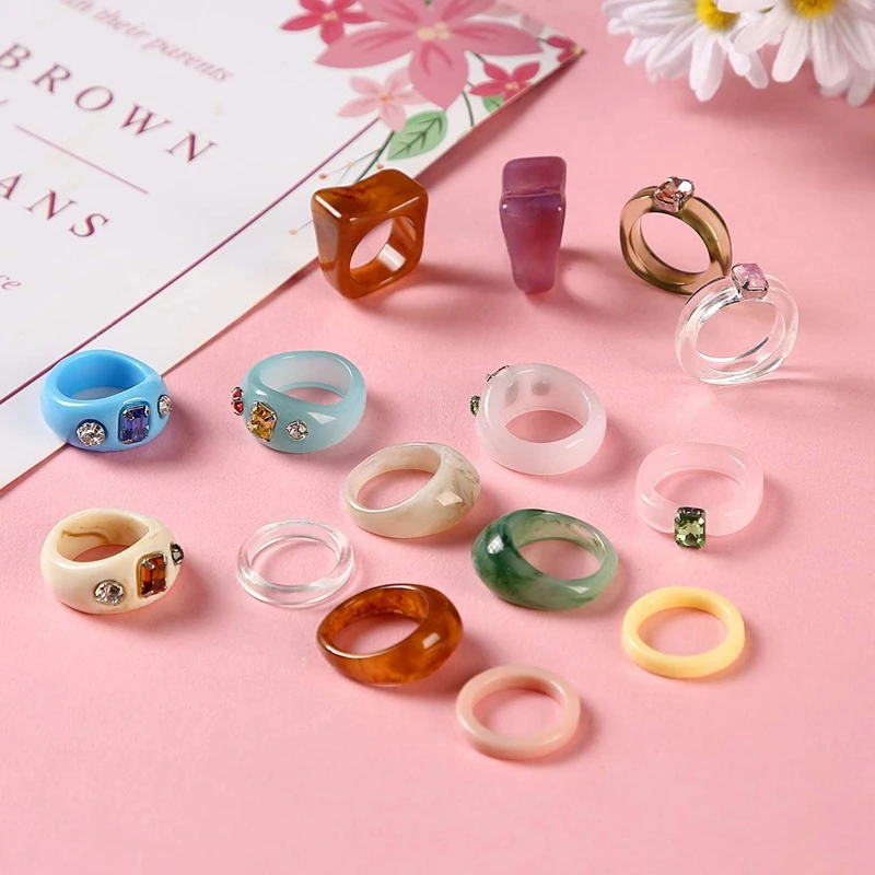 15 Pcs Resin Rings Acrylic Cute Trendy Rings Colorful Rhinestone Rings Jewelry Plastic Square Gem Stackable Chunky Ring