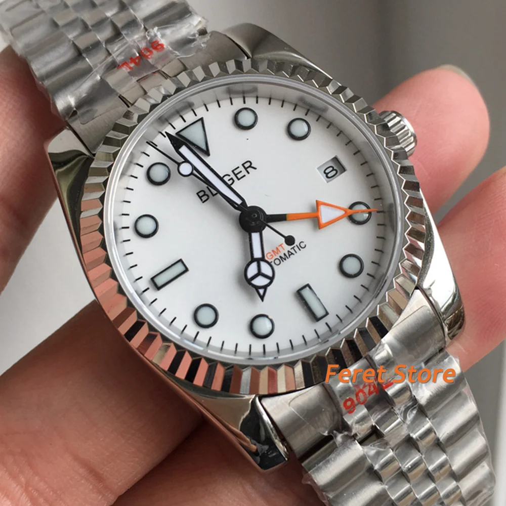 

Bliger 36/39mm Men's Watch stainless steel Polished Case five beads strap Sapphire Glass Date white Dial GMT Mechanical watch
