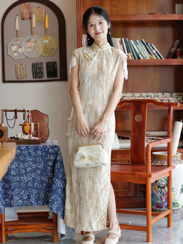 

Винтажный бархатный костюм для молодых девушек: длинный топ с косым воротником и бахромой, облегающий китайский традиционный наряд