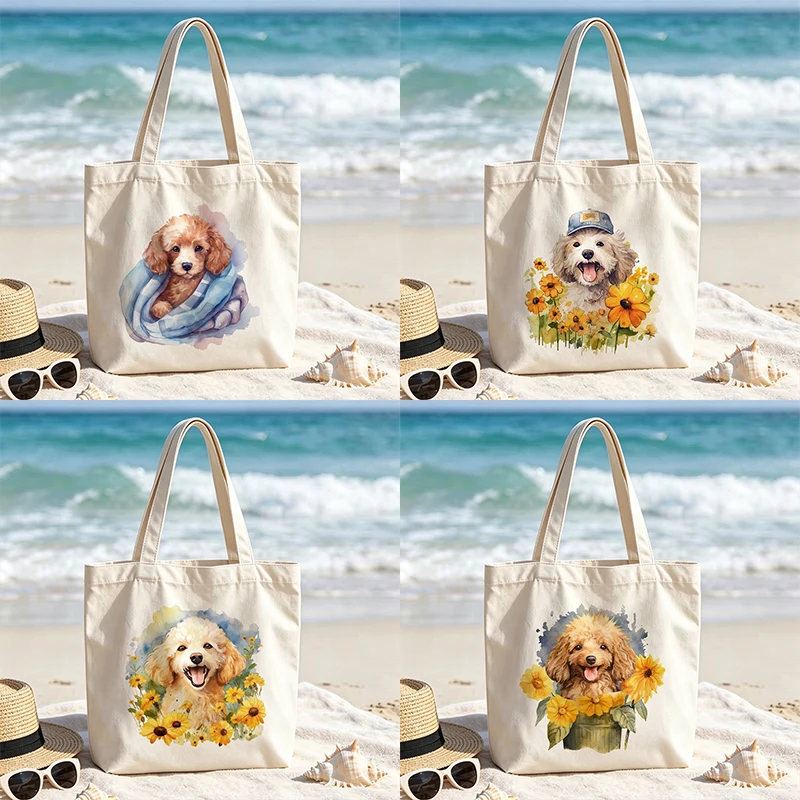 Personalized Beach Dog Canvas Tote Bags Custom Name Cute Puppy Summer Ocean Floral Grocery Shopping Bag Reusable for Women Gifts