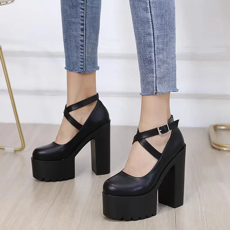 

14cm New Style 16cm Wedge Pumps with Ankle Strap and Chunky High Heels for Women, One-Word Buckle Design platform heels