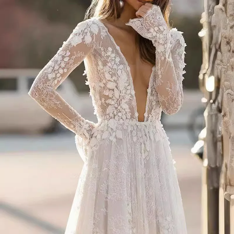 Sexy Lace Long Sve Holiday Dr Wedding Dr Cross-Border Women's Faion 2024 Mid-Waist Velvet Fabric Evening Gown