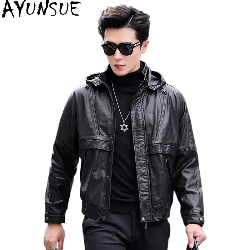 

AYUNSUE 100% Genuine Cow Leather Jackets Man Detachable Hood Top Layer Cowhide Jacket Man Leather Coat Short Loose Workwear