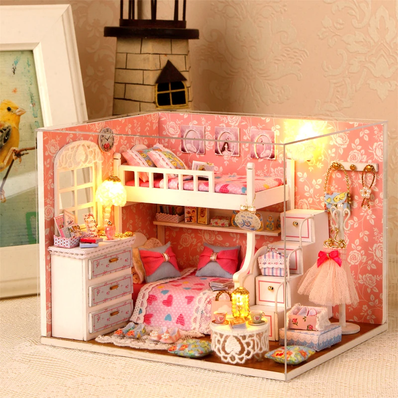 Cutebee Kit casa in miniatura fai-da-te case delle bambole in miniatura in legno con mobili luci a LED per regalo di compleanno per bambini