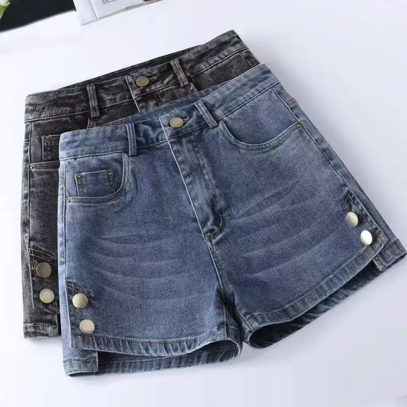 المرأة القوطية الأزرق الأسود زر الدنيم السراويل Y2K Harajuku شارع العليا 2000S الجمالية موضة ريترو الدنيم القماش سراويل قصيرة جديد