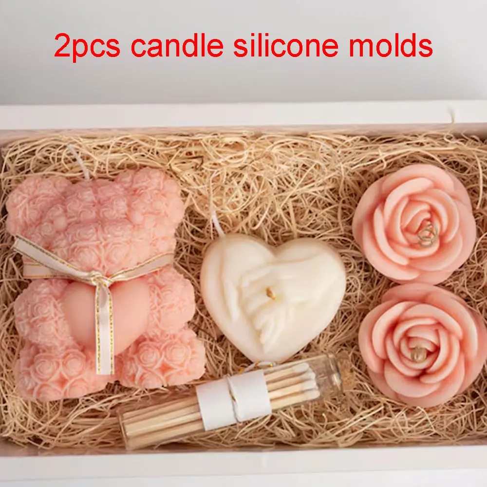 Teddy Bear Heat Rose Silicone Candle Molds 3pcs Relief Hand Love Scented Candle Making Kit DIY Flower Resin Ceramic Bride Gifts