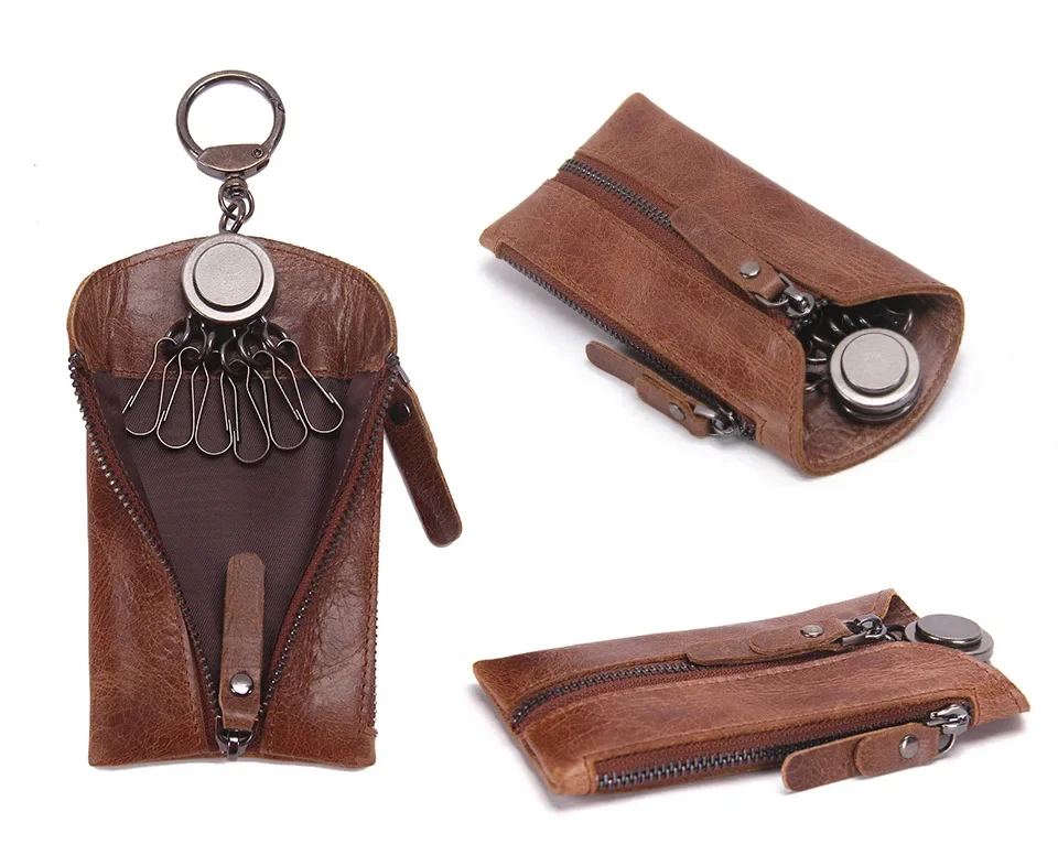 Men's Car Key Pouch Casual Soft Genuine Cow Leather Waist Hanging Zipper Lock Key Holder Bag