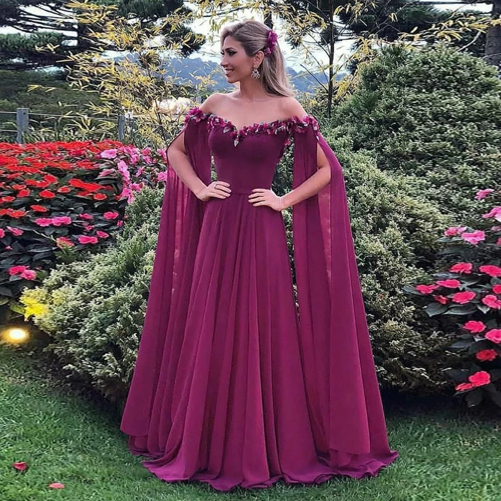 

ANGLSBRIDEP Evening Dresses With Cape Sweetheart Off Shoulder A-Line Chiffon Floor Length Party Prom Gowns Robes De Soirée