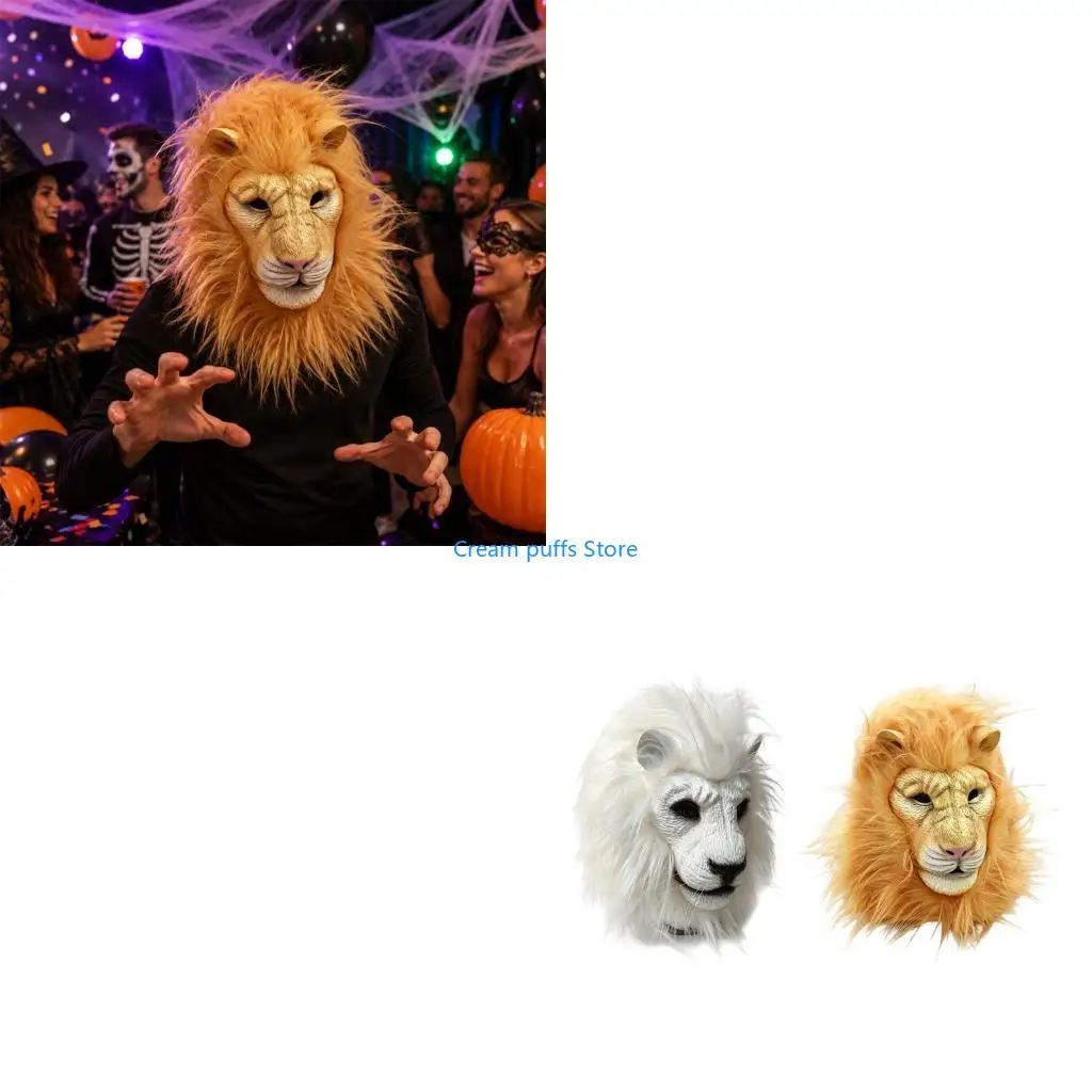 50LE Full Head Animal Costume Mask Latex Headwear with Furry Trim and Eye Openings Halloween Mask for Holiday Party Cosplay