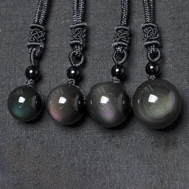 Rainbow Eye Obsidian Bead Pendant Round Ball Crystal Necklace Adjustable Rope Natural Crystal Jewelry Stone Souvenir Gifts