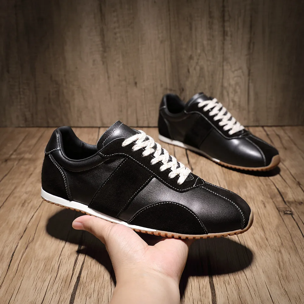 Trendy Men's Genuine Leather Retro German Trainer Shoes with Rubber Flat Soles Minimalist Street-Style Casual Sneakers
