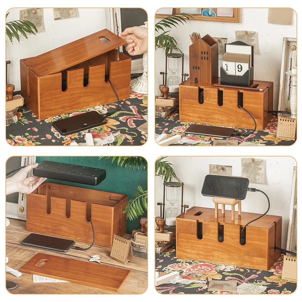 Solid Wood Cable Organizer Box Desktop Cord Management Storage For Chargers Power Strip Wire Hider Large Cord Organizer Box
