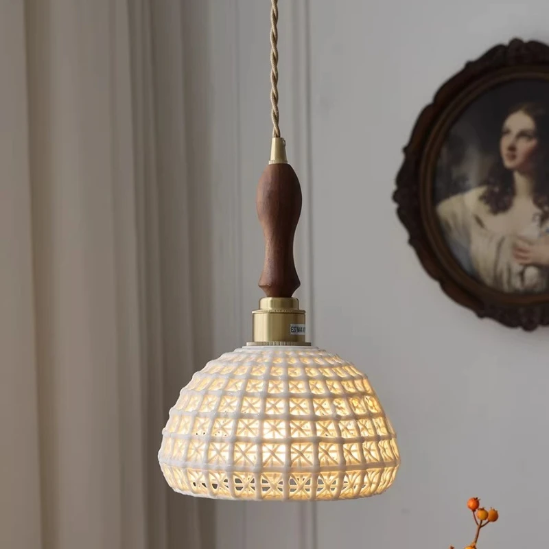 Japanese Rotundity White Grid Hollow-out Ceramic Ceiling Pendant Light Kitchen Island Dining Room Bedroom Study LED Hanging Lamp