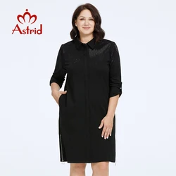 Astrid Women's Dresses Elegant Shirt Dress Daily Office Plus Size Black Lady Long Dresses Lapel Cotton Female Clothing Diamonds